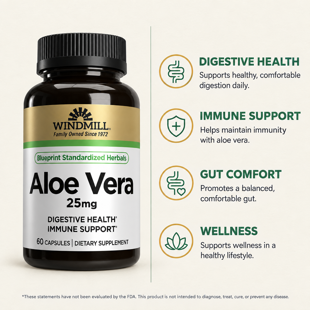 Windmill Aloe Vera 25mg Digestive Health & Immune Support Capsules 60ct — view 2
