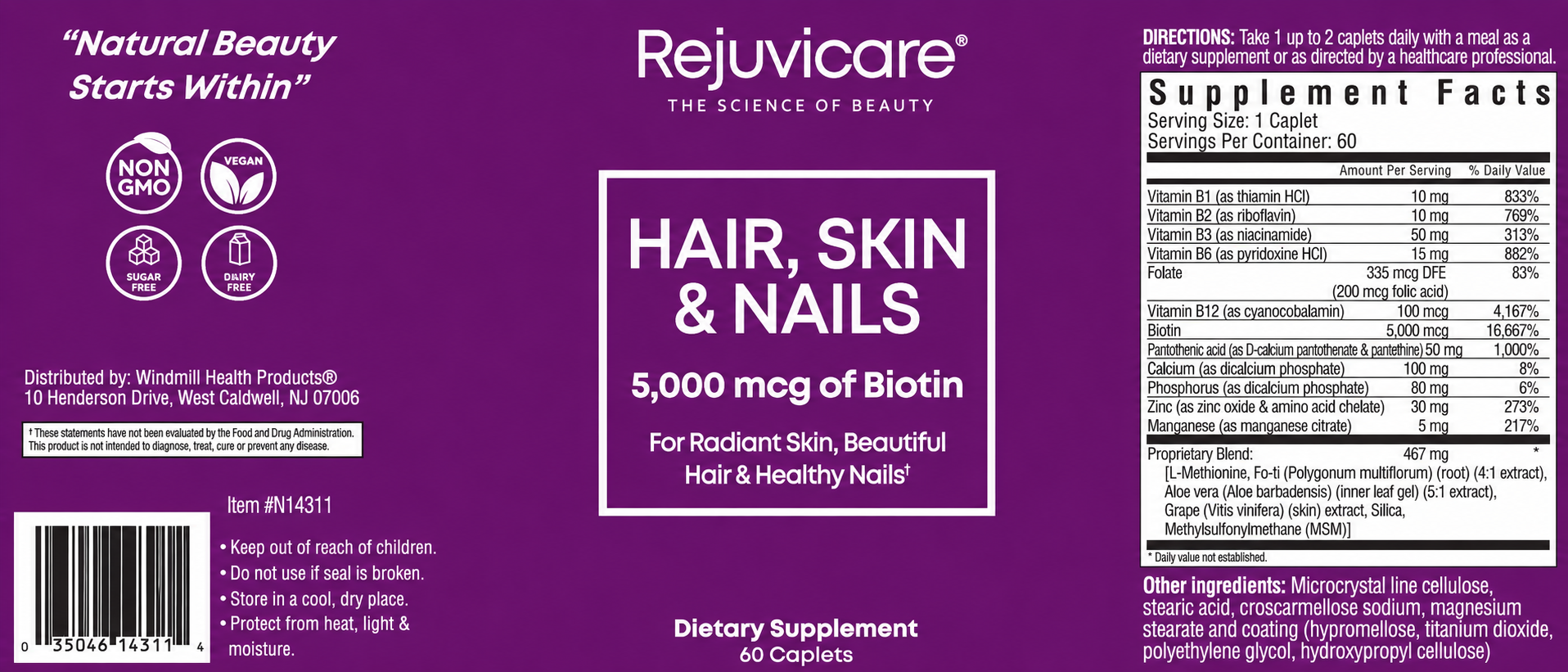 Rejuvicare Hair, Skin & Nails Beauty Formula Caplets 60ct — view 2