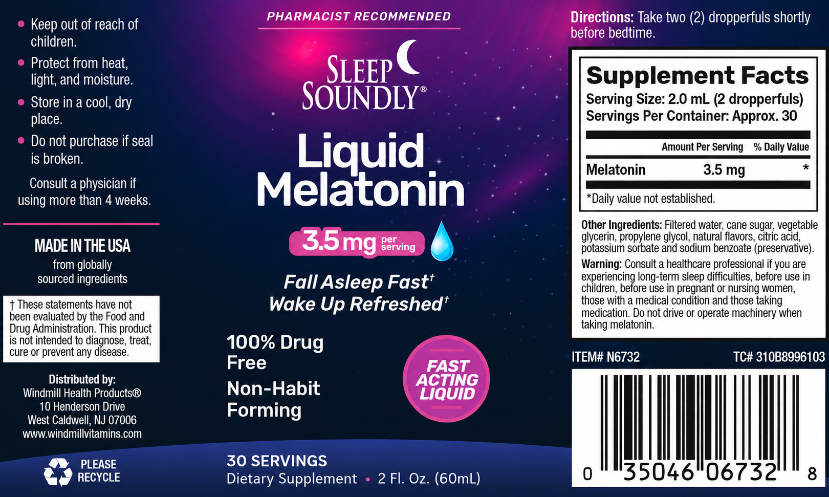 Sleep Soundly Liquid Melatonin 3.5mg Sleep Support Liquid 2oz — view 2