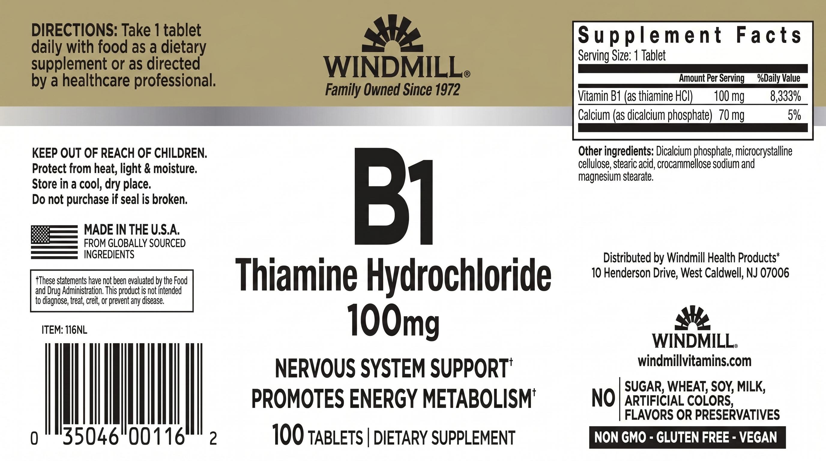 Windmill Vitamin B1 Thiamine 100mg Tablets 100ct — view 3