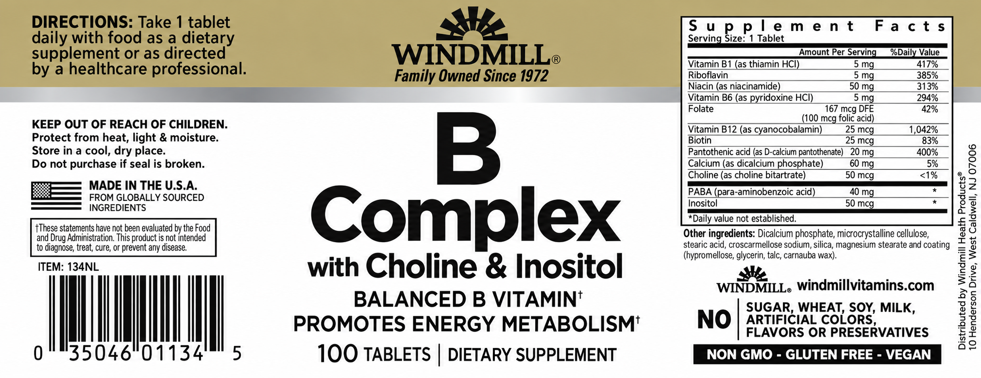 Windmill B Complex with Choline & Inositol Tablets 100ct — view 2