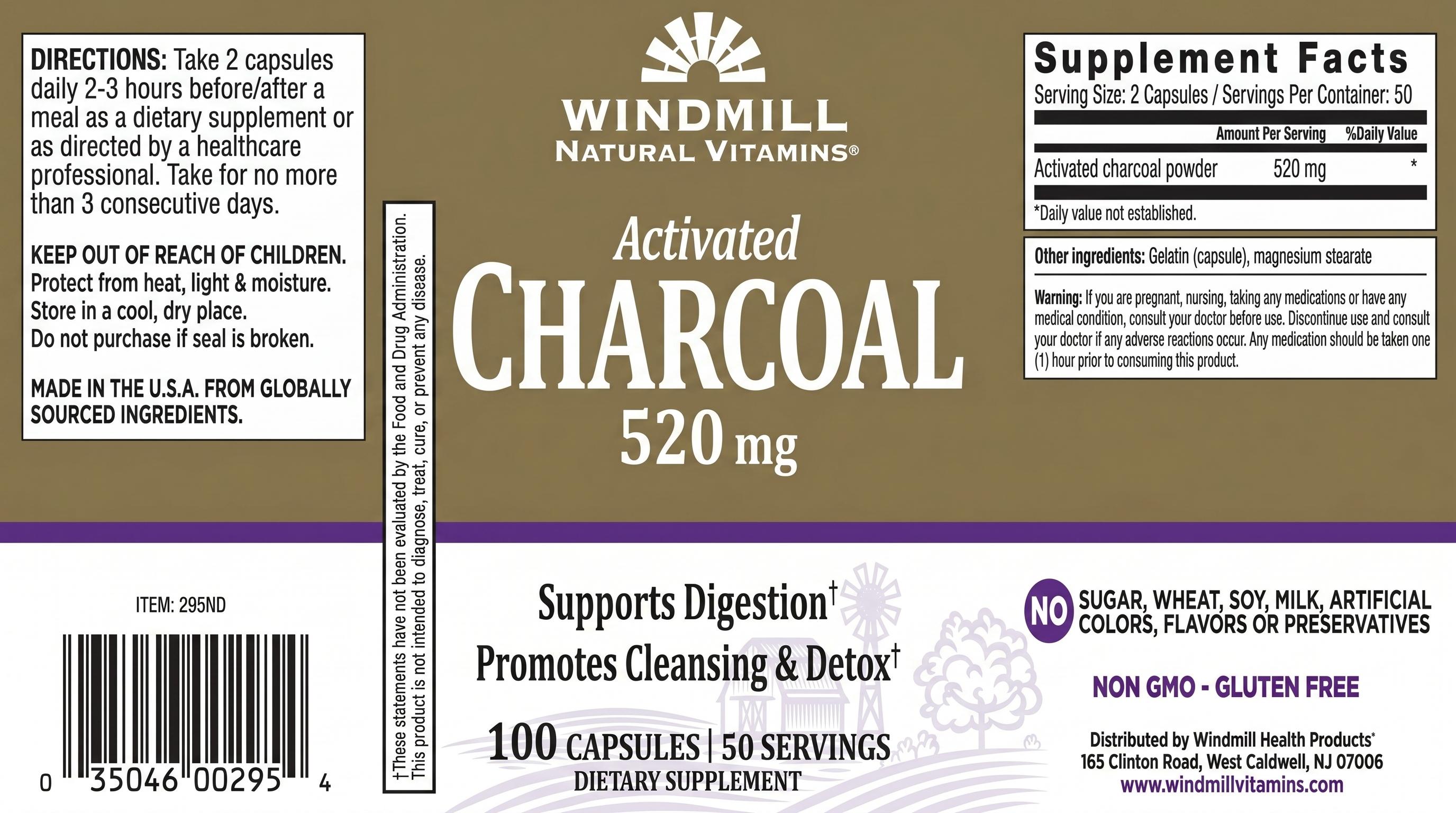 Windmill Activated Charcoal 520mg Capsules 100ct — view 3