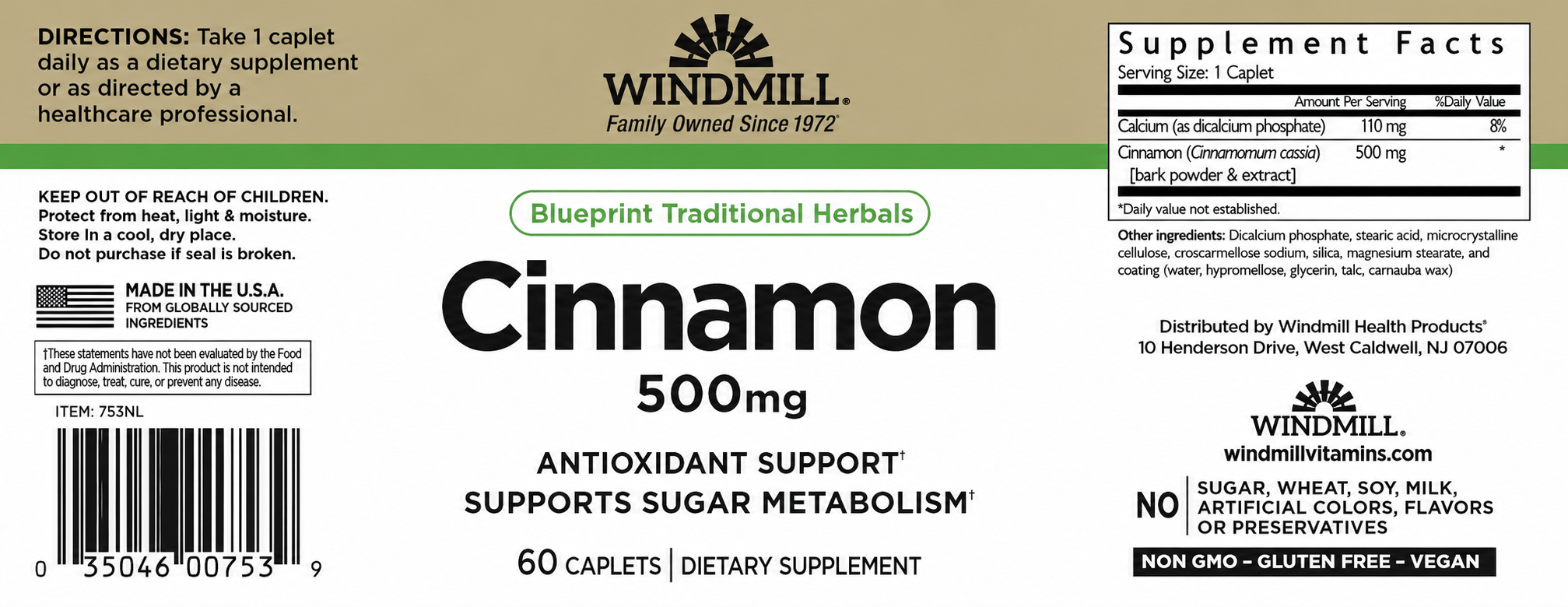 Windmill Cinnamon 500mg Blood Sugar Support Caplets 60ct — view 2