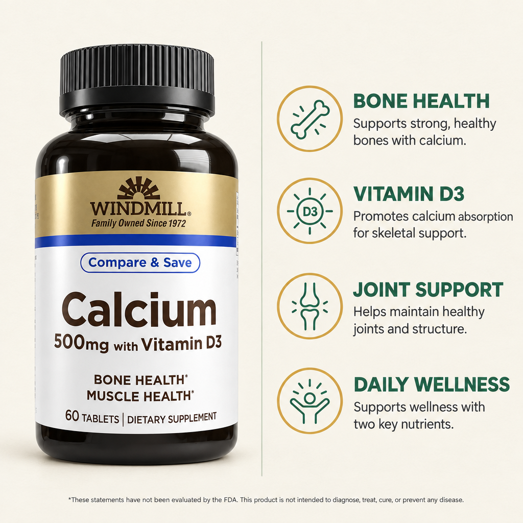 Windmill Calcium 500mg with Vitamin D3 Bone Health Tablets 60ct — view 2