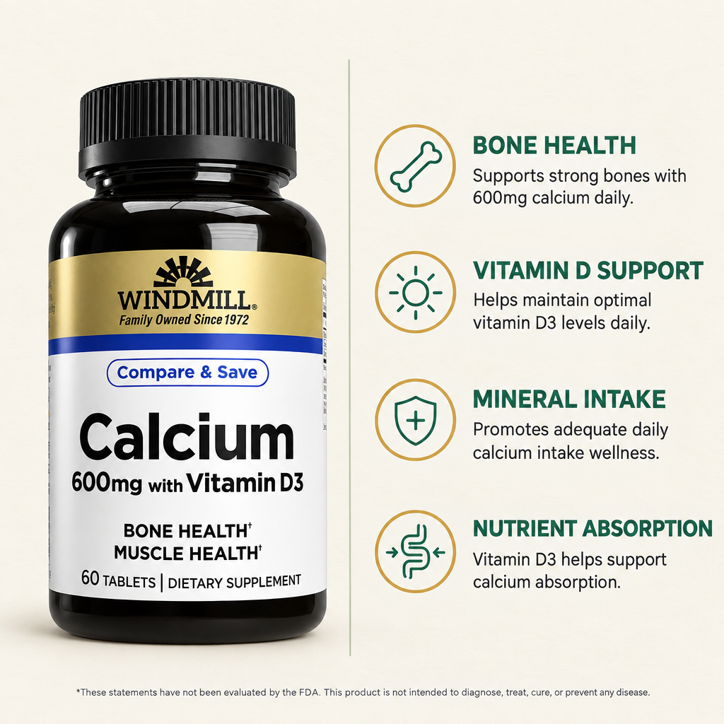 Windmill Calcium 600mg with Vitamin D3 Bone Health Tablets 60ct — view 2