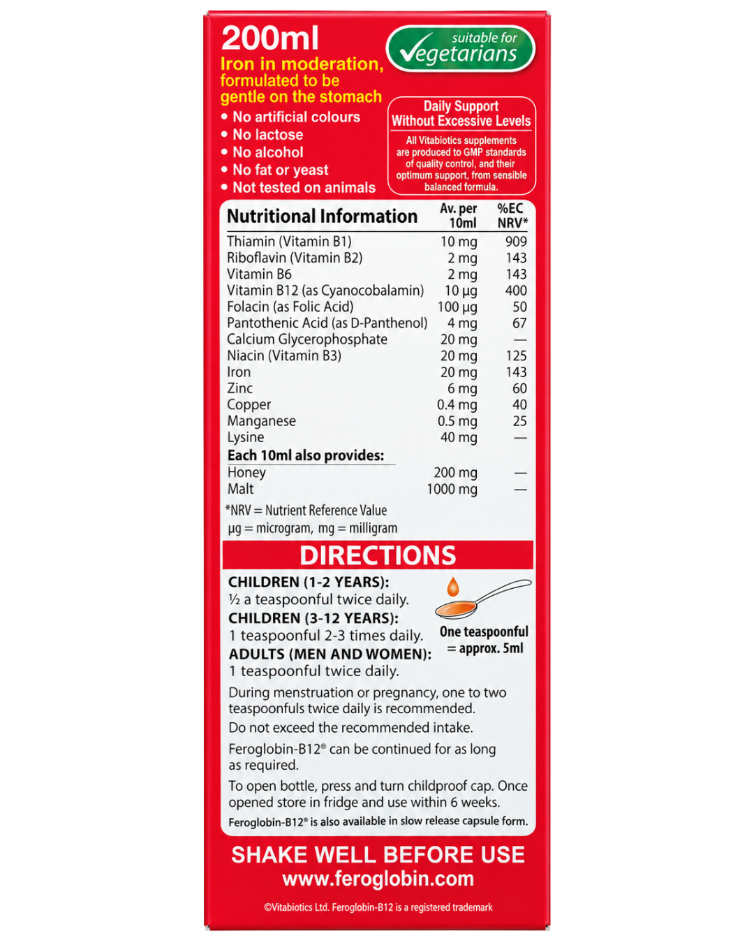 Vitabiotics Feroglobin B12 Gentle Liquid Iron Zinc B Complex Liquid 6.8 Fl Oz — view 2