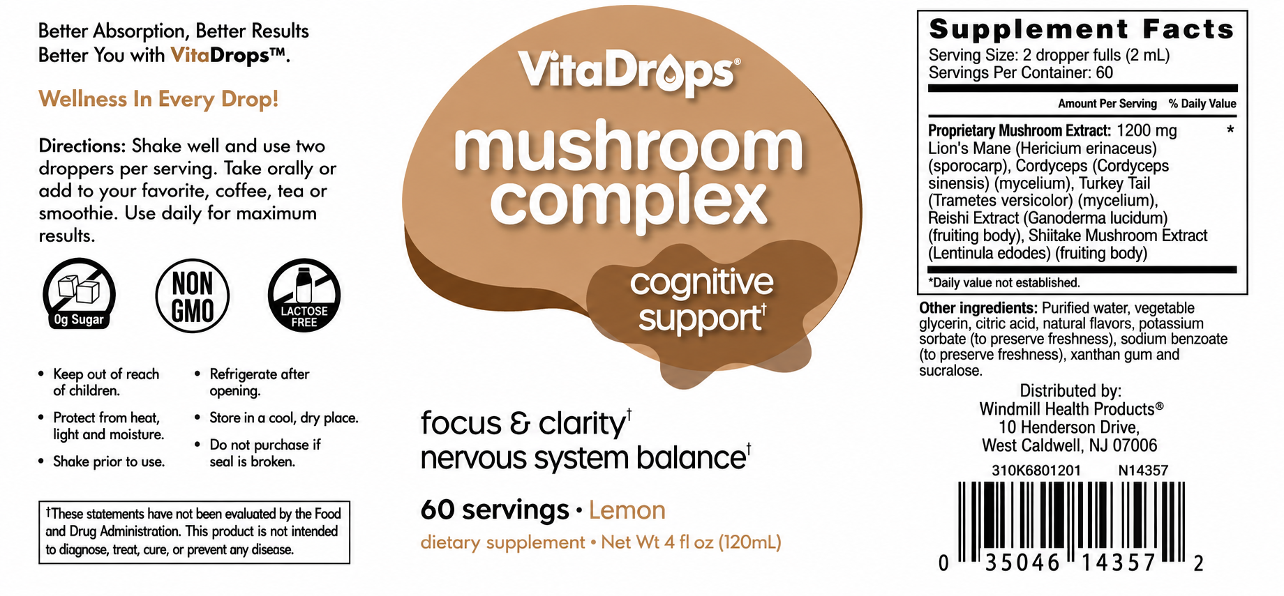 VitaDrops Mushroom Complex Cognitive Support Lemon Liquid Drops 4oz — view 2