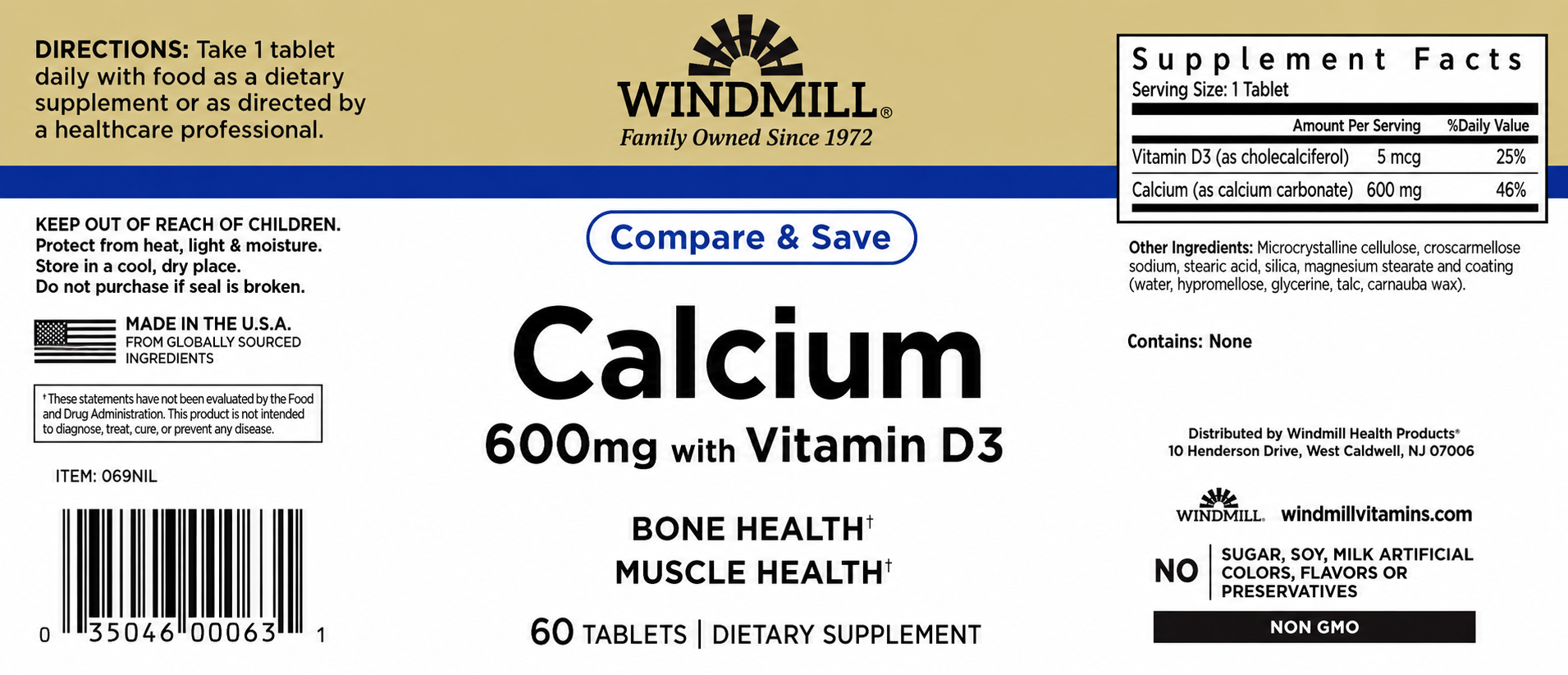 Windmill Calcium 600mg with Vitamin D3 Bone Health Tablets 60ct — view 2