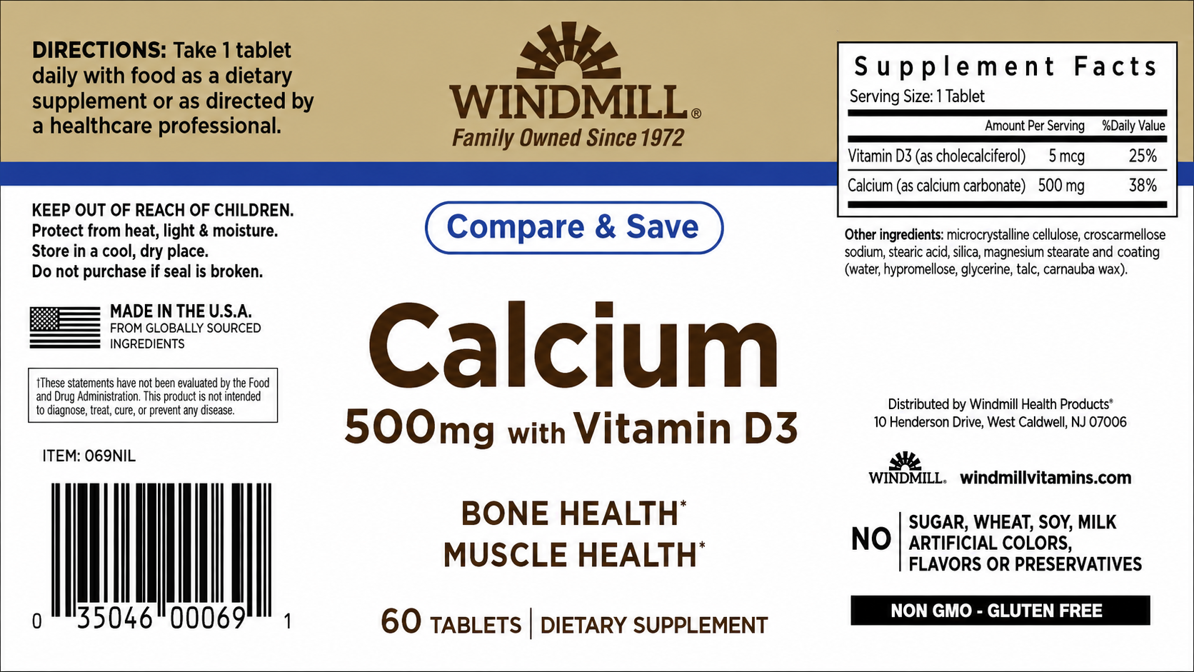 Windmill Calcium 500mg with Vitamin D3 Bone Health Tablets 60ct — view 2