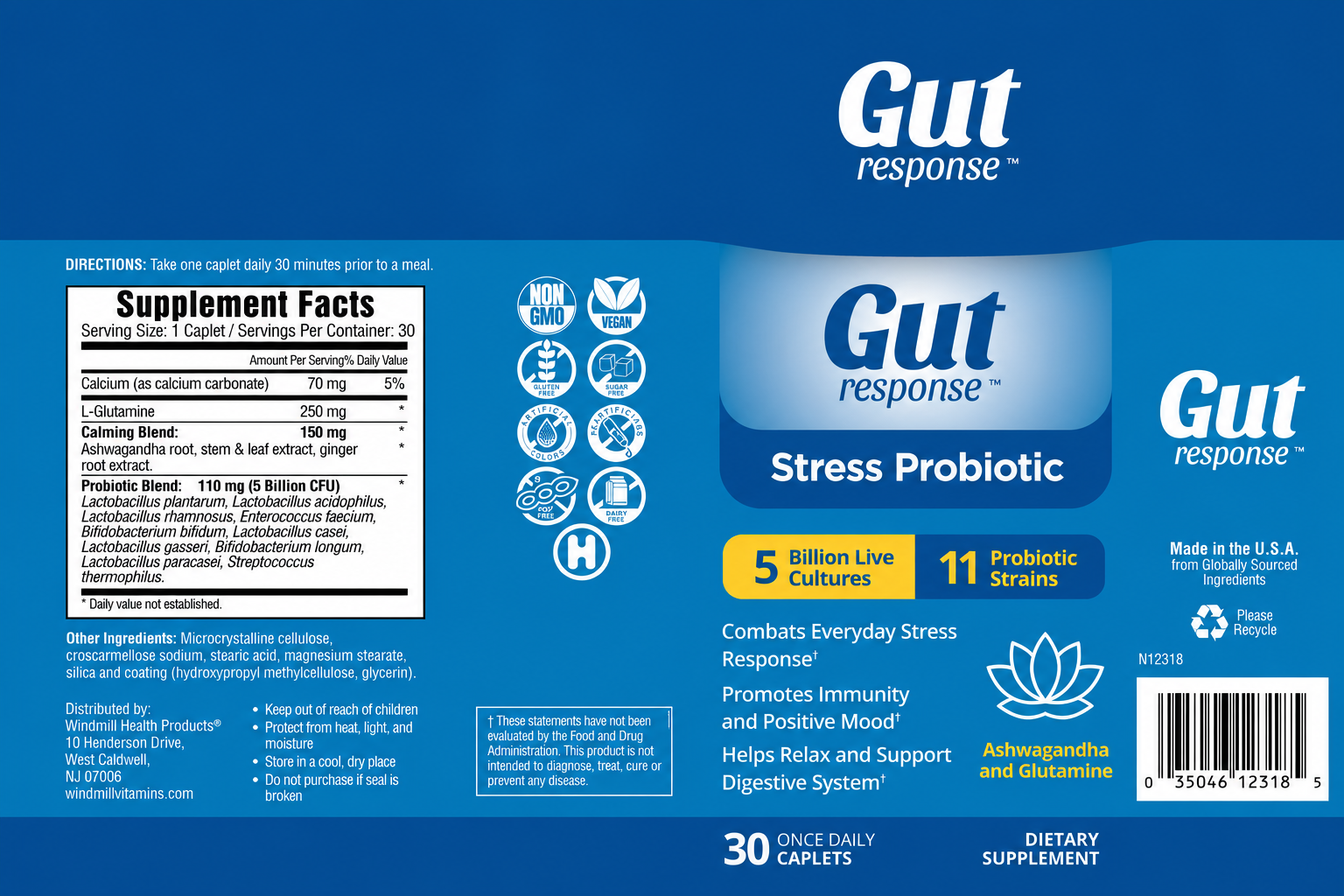 Gut Response Stress Probiotic Mood & Digestive Support Caplets 30ct — view 2