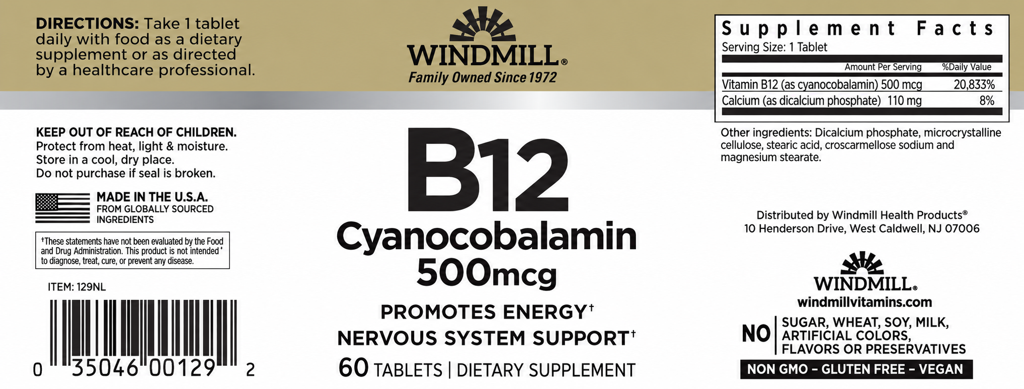 Windmill B12 Cyanocobalamin 500mcg Energy Support Tablets 60ct — view 2