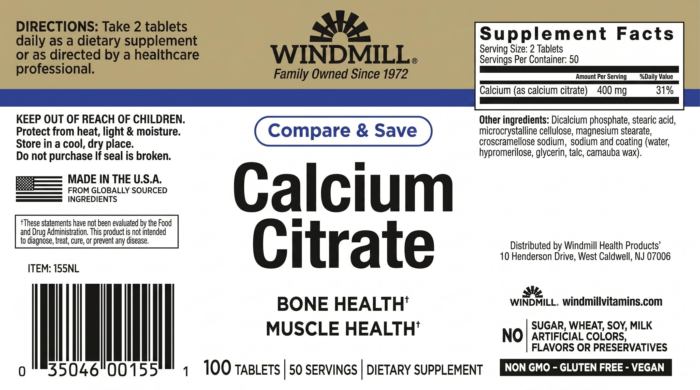 Windmill Calcium Citrate Bone & Teeth Support Tablets 100ct — view 3
