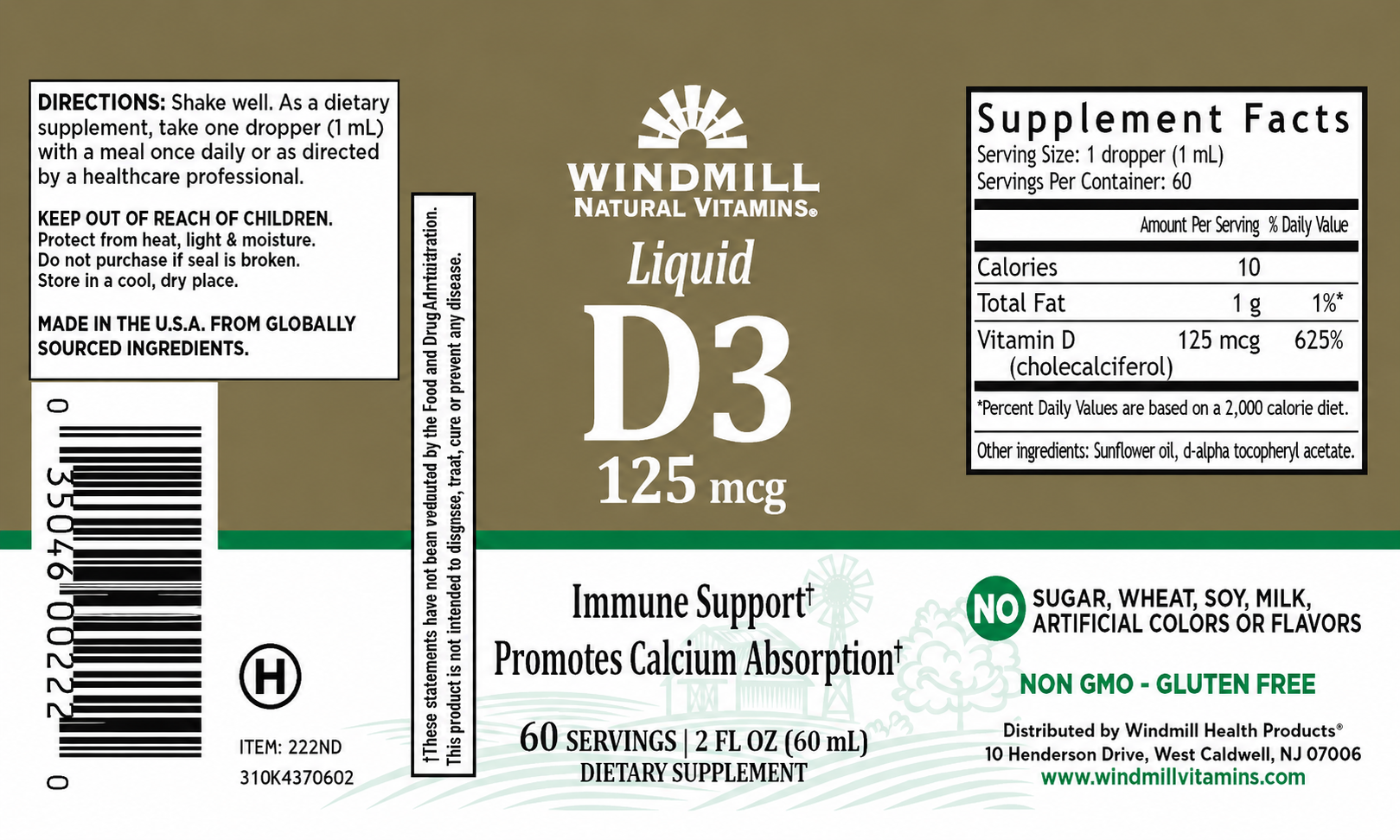 Windmill Natural Vitamins Liquid D3 125mcg Bone & Immune Support Liquid 2oz — view 2