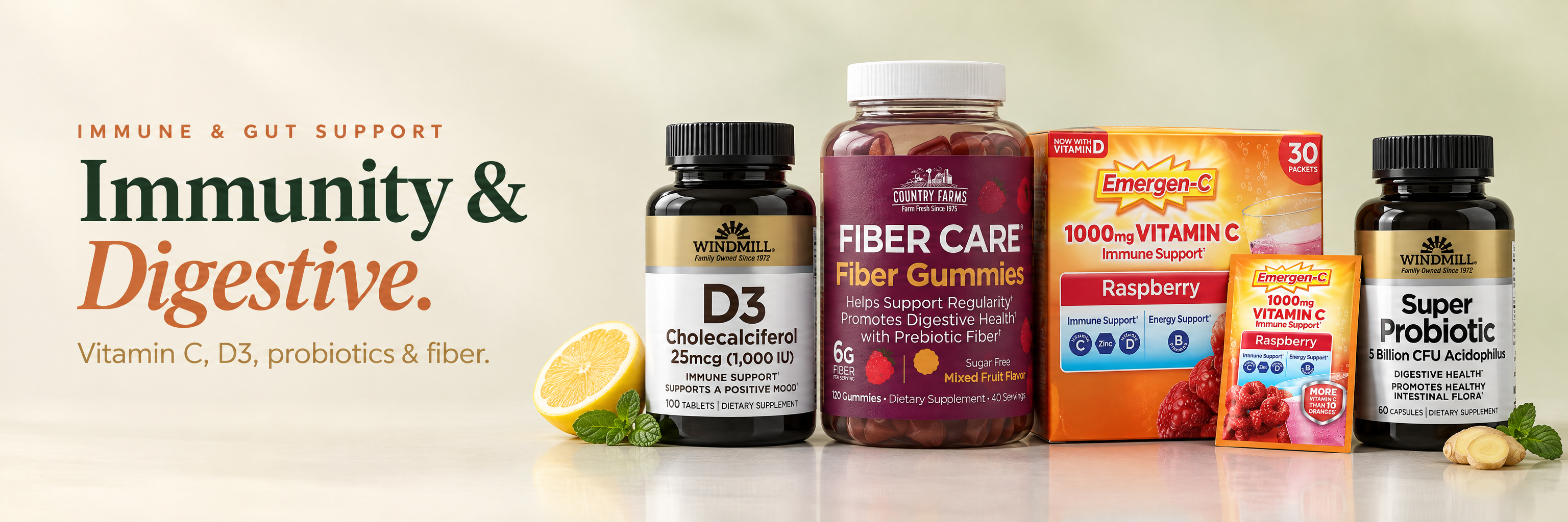 Immunity & Digestive — vitamin C, D3, probiotics and fiber